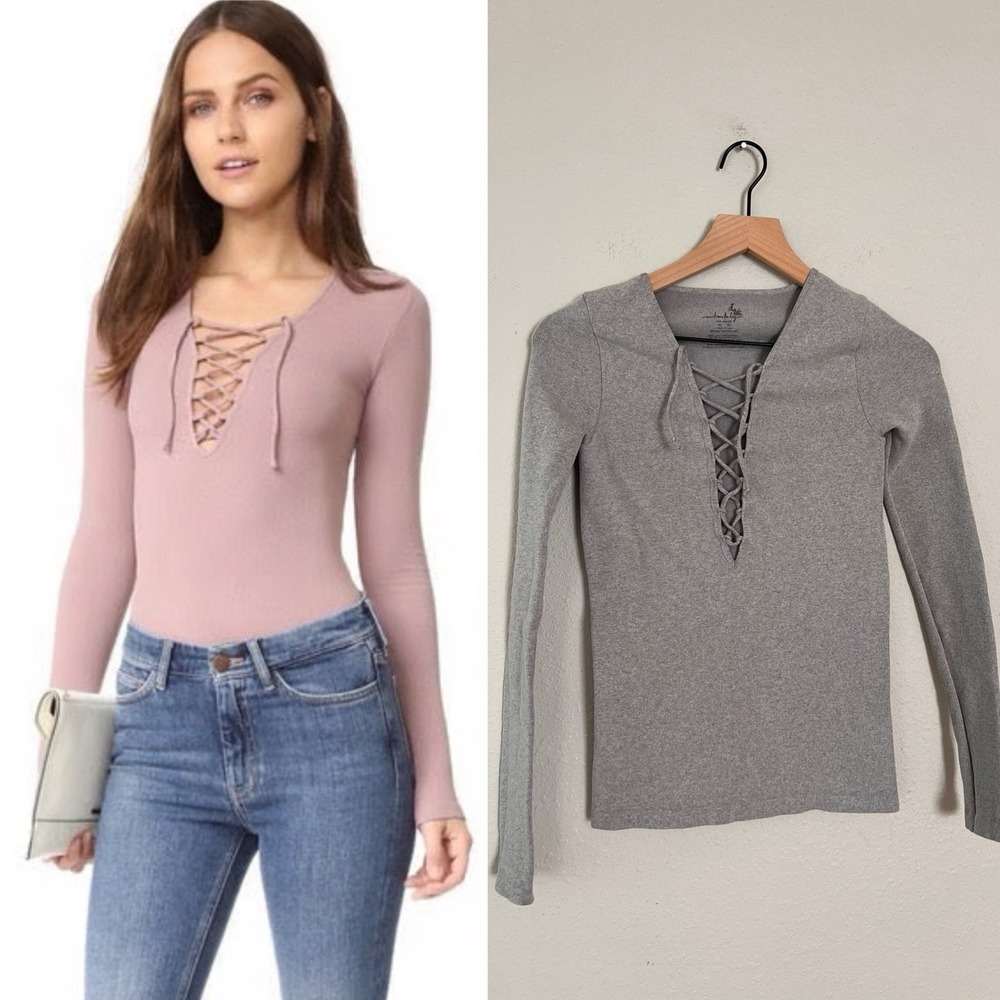 Free People Seamless Lace Up Top Long Sleeve Bodycon Grey Preppy Y2K Sz M/L